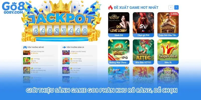 Giới thiệu sảnh game go8 phân khu rõ ràng, dễ chọn.